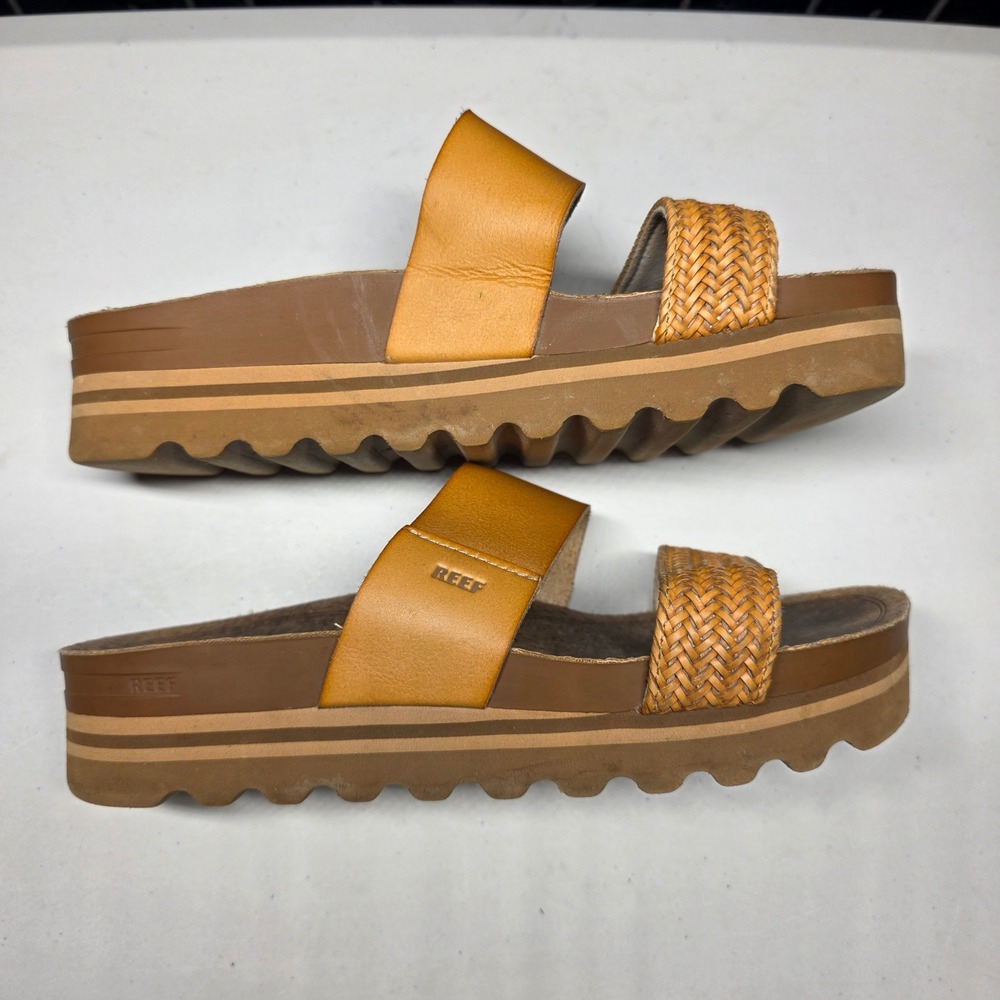Reef Cushion Vista Hi Platform Sandals Tan Woven Straps Womens Size 8 J-22 JH-V - Picture 7 of 8